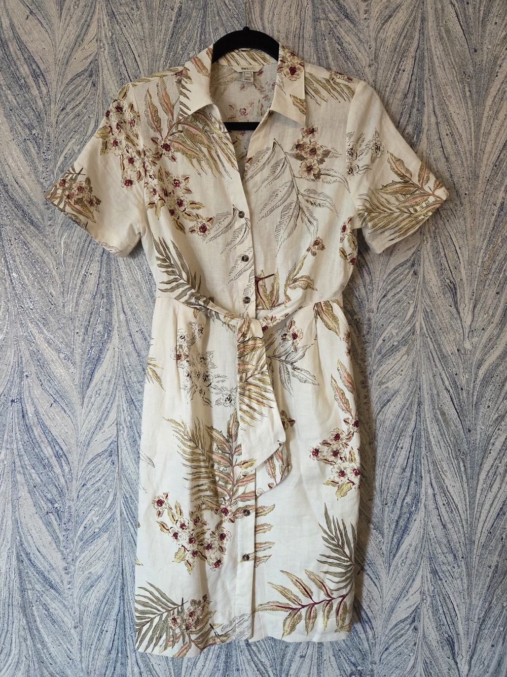 RW&CO Short Sleeve Linen-Blend Dress Floral Button-Front Midi Size Small